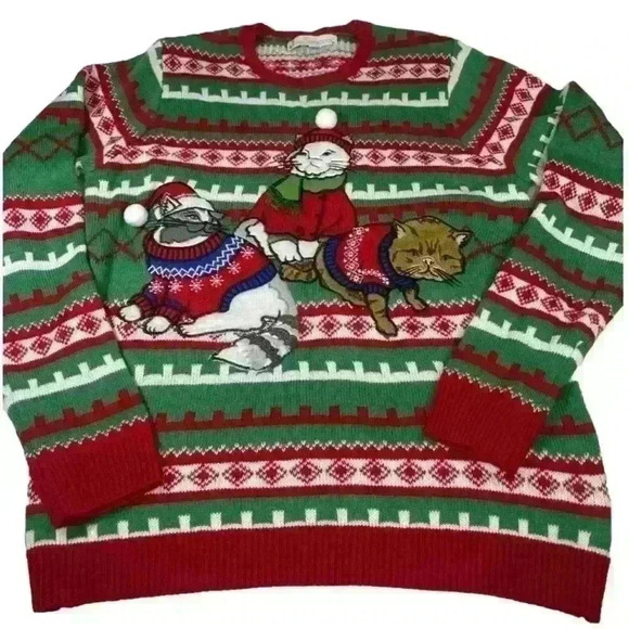 Jolly sweaters Sweaters - Jolly Ugly christmas embroidered Cat sweater Women’s Large Green Red Color